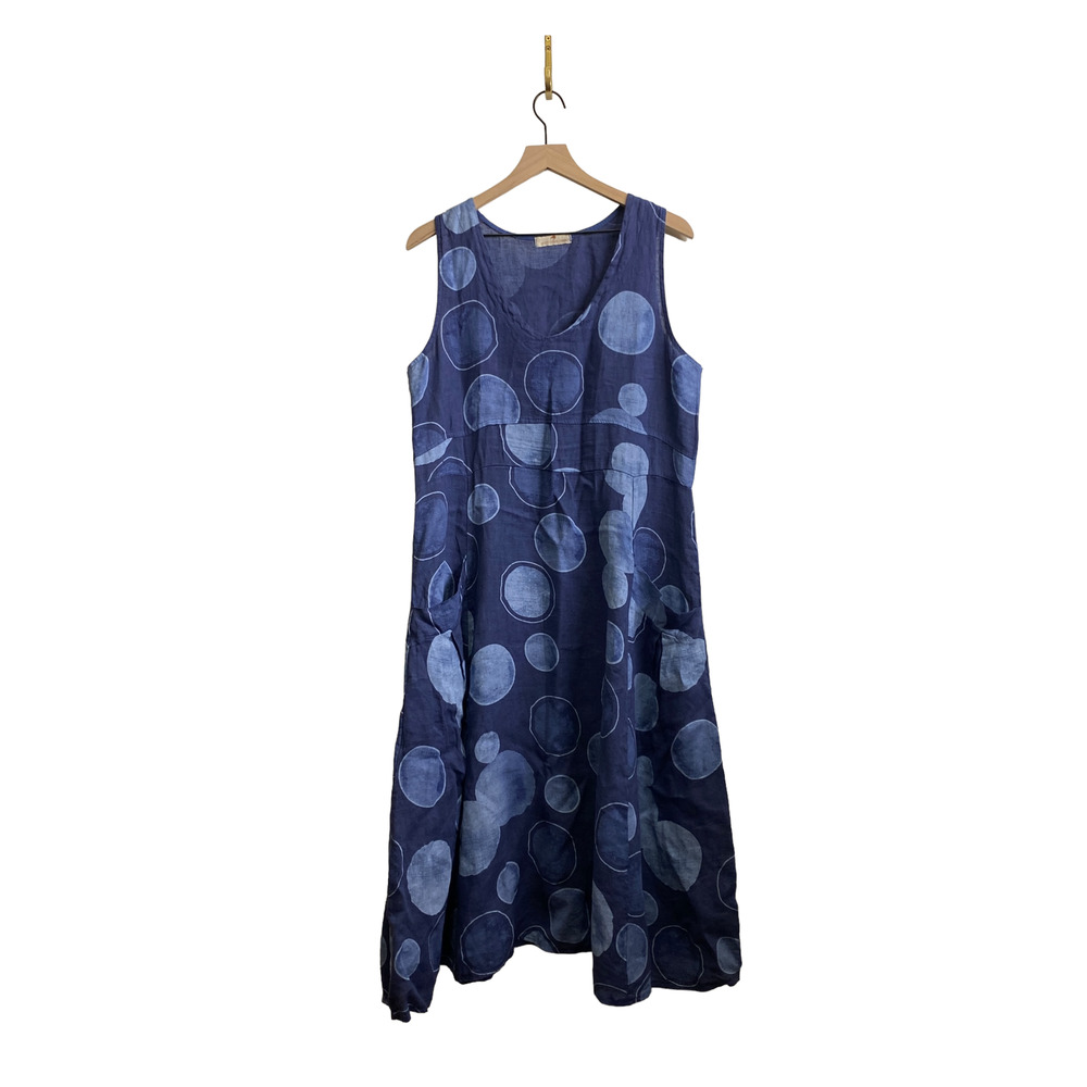 Lands Downunder 100% Linen Dress Blue Dots Pockets Lagenlook Made in Italy XL